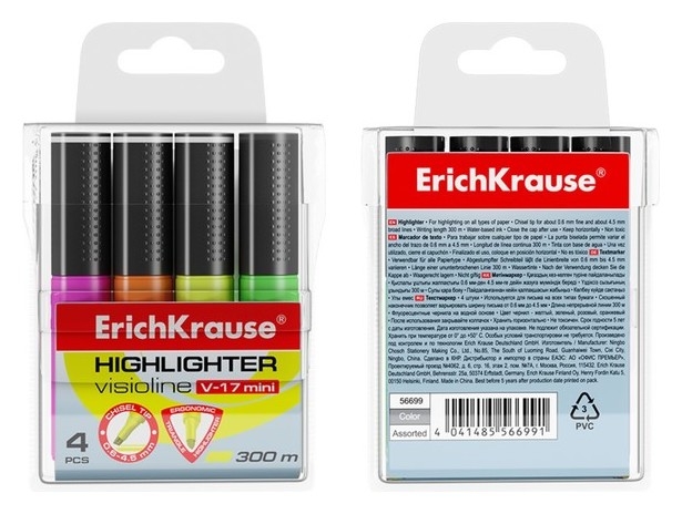 Набор маркеров текстовыделителей Erichkrause Visioline V-17 Mini, 4 штуки, 0.6-4.5 мм, чернила на водной основе, жёлтый, зелёный, розовый, оранжевый