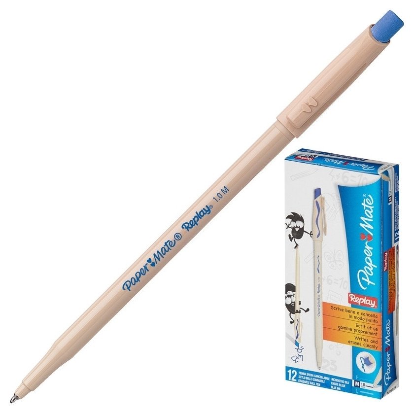 Ручка стираемая шариковая Paper Mate Replay, синяя, корпус бежевый, пишущий узел 1,2 мм, линия письма 1 мм