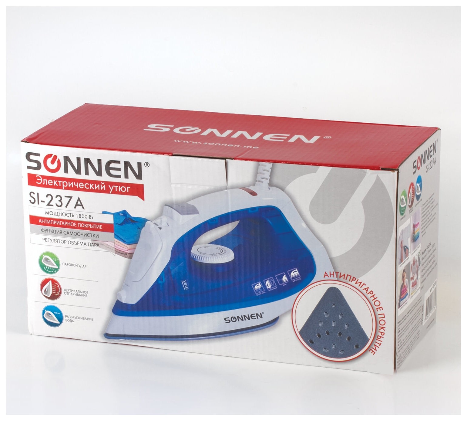 Утюг SONNEN SI-237A, 1800 Вт, антипригарное покрытие, синий / белый