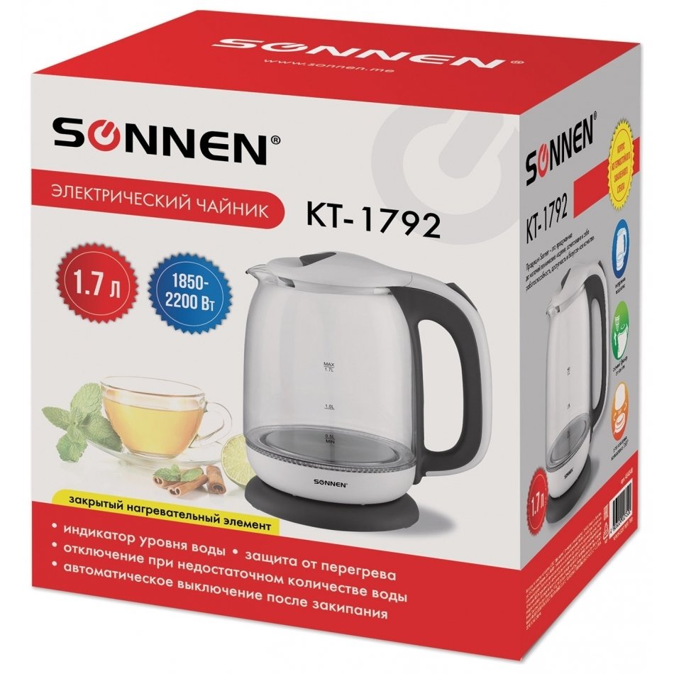 Чайник SONNEN KT-1792, 1,7 л, 2200 Вт, закрытый нагревательный элемент, стекло, белый, подсветка