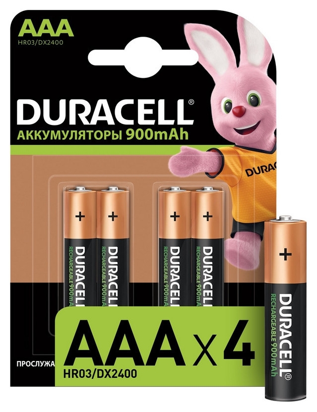 Батарейки аккумуляторные DURACELL, AAA (HR03), Ni-Mh, 900 mAh, комплект 4 шт., в блистере